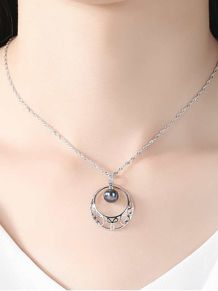 925 Sterling Silver Freshwater Pearl Hollow Round Pendant Necklace