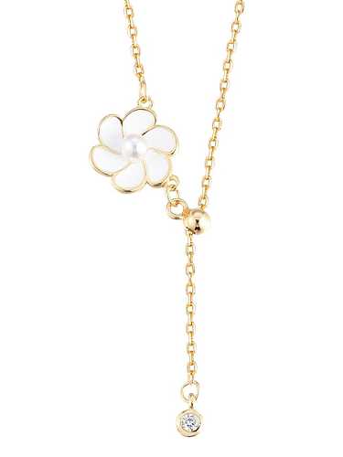 925 Sterling Silver Cubic Zirconia Enamel Flower Dainty Lariat Necklace