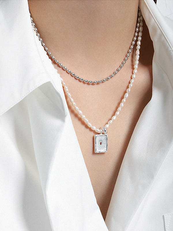 925 Sterling Silver Freshwater Pearl Geometric Vintage Necklace