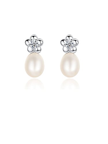 925 Sterling Silver Freshwater Pearl White Flower Cute Stud Earring