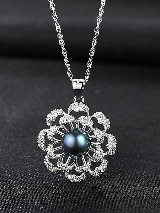 Sterling silver micro-inlaid zircon natural freshwater pearl flower necklace