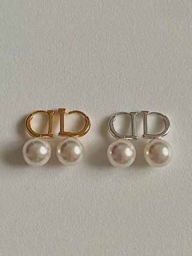 Boucles d'oreilles vintage en argent sterling 925 avec perle d'imitation et lettre D