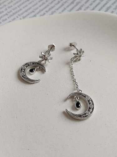 Boucles d'oreilles pendantes vintage asymétriques en forme de lune mystérieuse en argent sterling 925