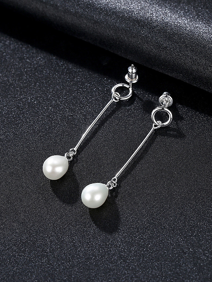925 Sterling Silver With Artificial Pearl Simplistic Oval Long section Drop Earrings