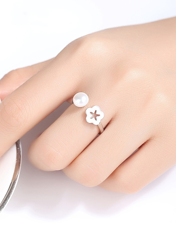 Anéis de prata esterlina 925 com pérola artificial flor simplista tamanho livre