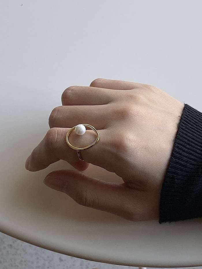 925 Sterling Silver Imitation Pearl Round Minimalist Band Ring