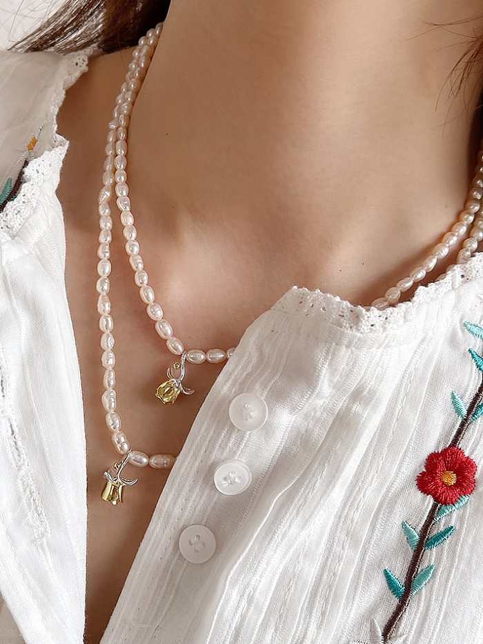 Collar vintage de flor de perla de agua dulce de plata esterlina 925