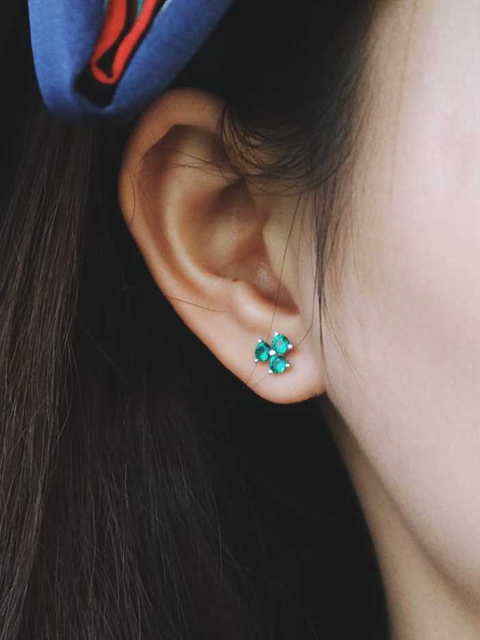 925 Sterling Silver Cubic Zirconia Green Flower Cute Stud Earring