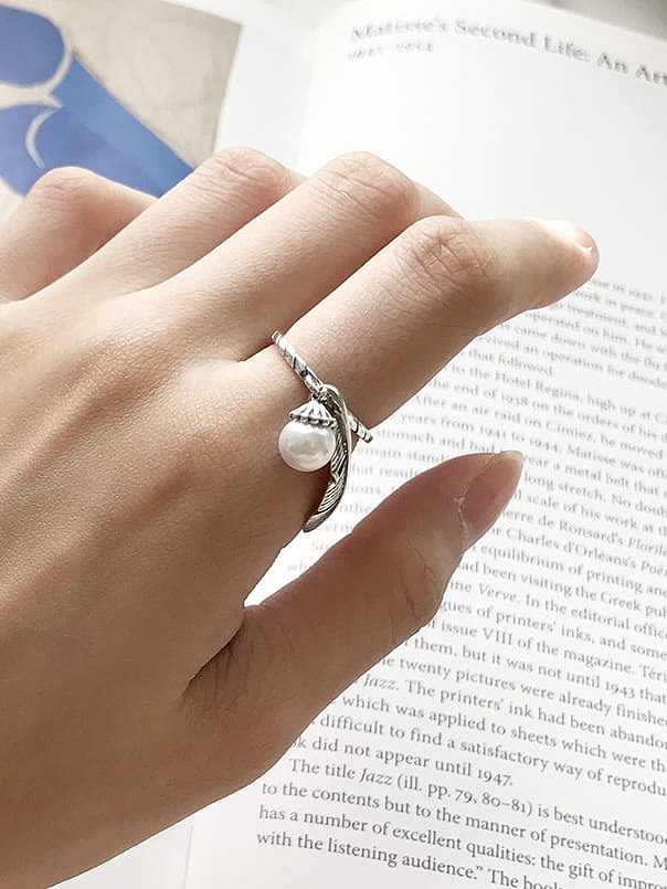 925 Sterling Silver Imitation Pearl Feather Vintage Free Size Midi Ring