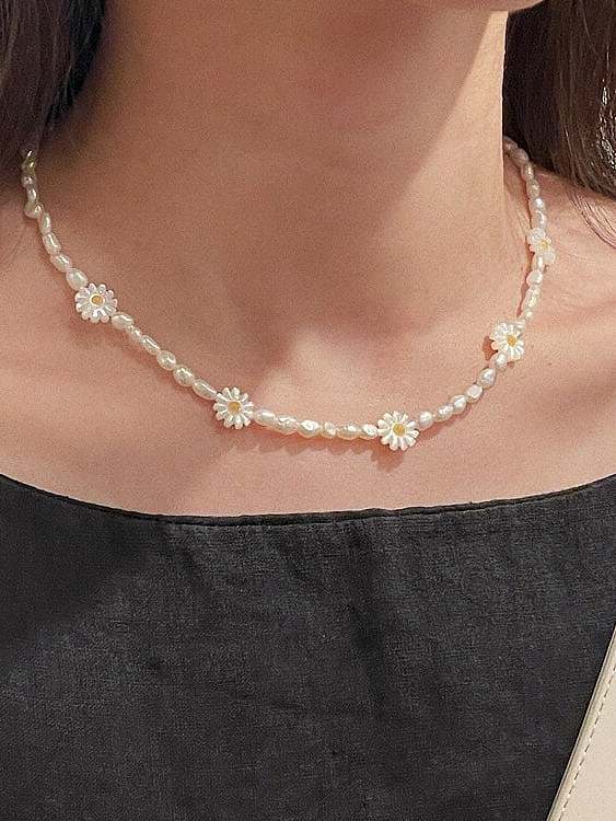 925 Sterling Silver Freshwater Pearl Flower Minimalist Beaded Necklace