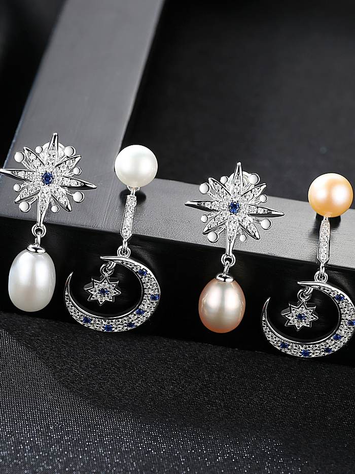 925 Sterling Silver Fashion Asymmetric Snowflake Moon Freshwater Pearl Drop Earring