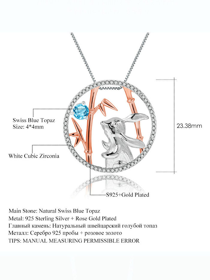 925 Sterling Silver Swiss Blue Topaz Artisan Rabbit Pendant Necklace