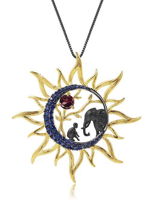 Collier pendentif soleil vintage éléphant en pierre naturelle en argent sterling 925