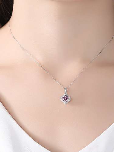 925 Sterling Silver Cubic Zirconia fashion clover micro set Pendant Pink Necklace