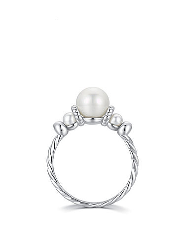 Anillo de banda delicada geométrica de perlas de imitación de plata de ley 925