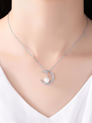 Pure silver with zircon pearl Moon Necklace