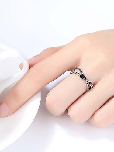 925 Sterling Silver Cubic Zirconia Black Geometric Vintage Band Ring
