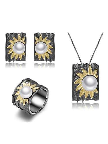 925 Sterling Silber Imitationsperle Sonnenblume Vintage geometrische Anhänger Halskette