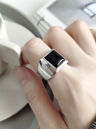 Anel de banda de prata esterlina 925 cornalina quadrado preto minimalista tamanho livre