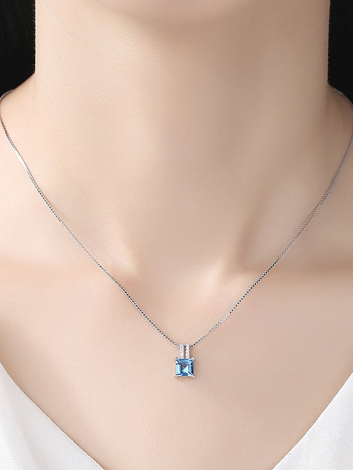 Sterling silver micro-inlaid zircon blue square synthetic topaz necklace