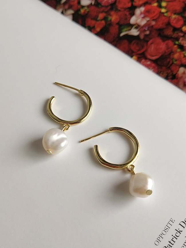 925 Sterling Silver Imitation Pearl Geometric Minimalist Huggie Earring