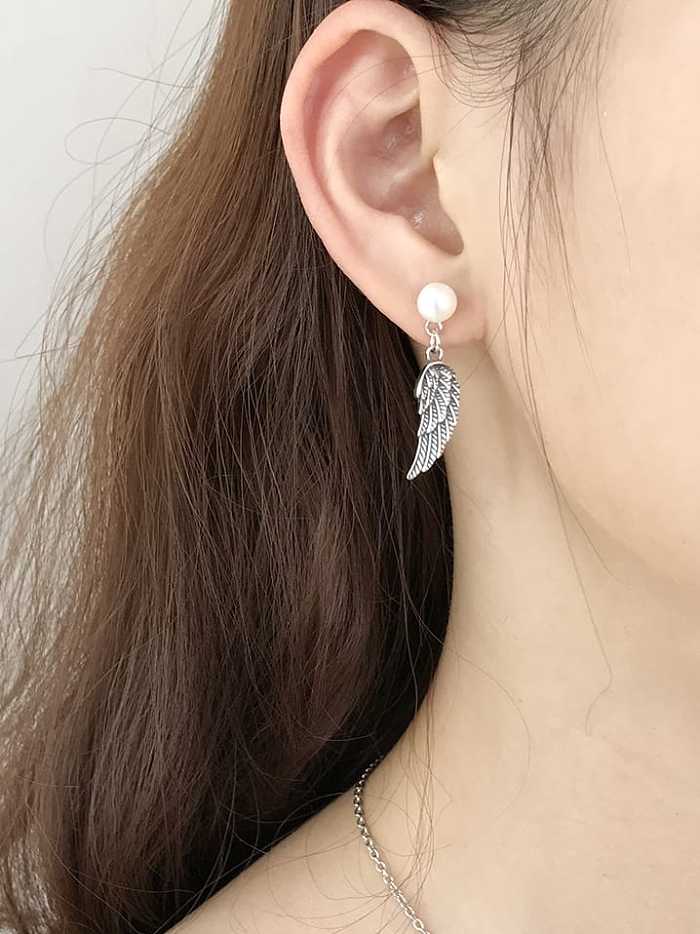 Boucles d'oreilles pendantes vintage en argent sterling 925 avec perle d'imitation et feuille blanche