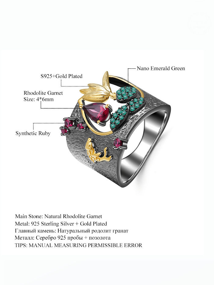 925 Sterling Silver Natural Rose Garnet Geometric Artisan Band Ring