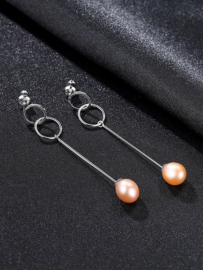 Pure silver double ring design natural pearl earrings