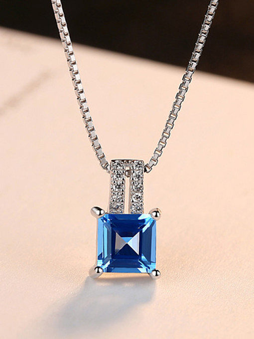 Sterling silver micro-inlaid zircon blue square synthetic topaz necklace