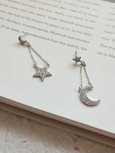 925 Sterling Silver Rhinestone Asymmetric Star Moon Vintage Threader Earring