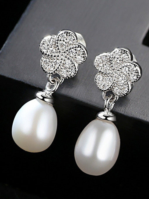 Sterling silver micro-set AAA zircon 8-9mm natural pearl earrings