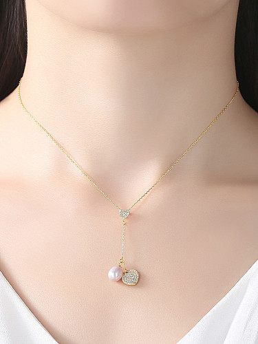 Pure silver zircon love  natural freshwater pearl necklace
