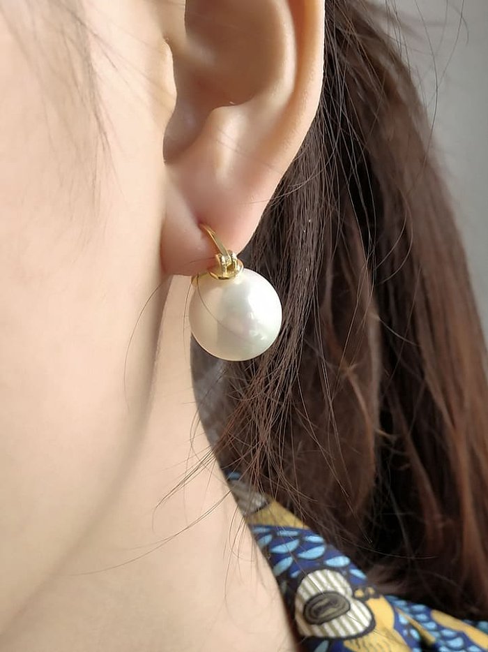 Boucles d'oreilles en argent sterling 925 avec perle d'imitation, grosse perle de coquillage, petit bouton doré