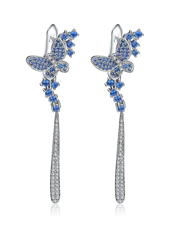 925 Sterling Silver Nano Swiss Blue Topaz Butterfly Tassel Artisan Cluster Earring