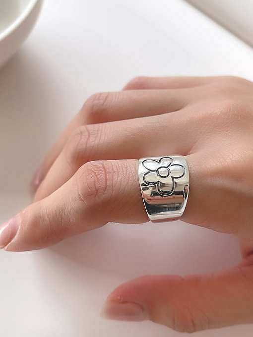 925 Sterling Silver Flower Vintage Black Agate Band Ring