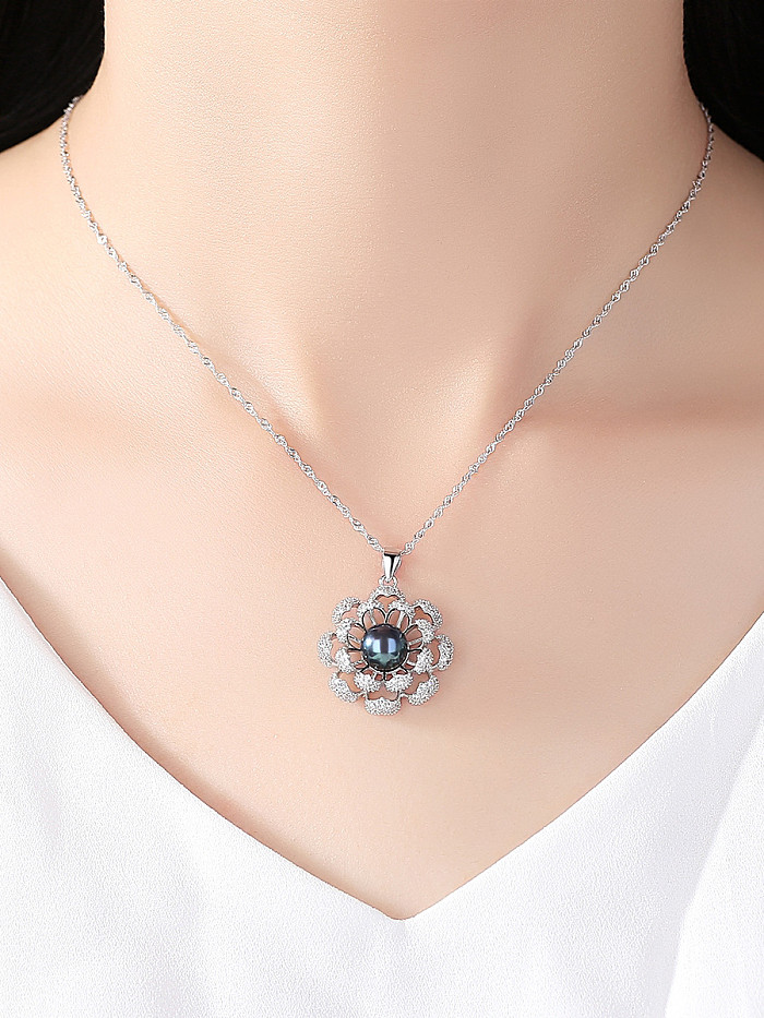 Sterling silver micro-inlaid zircon natural freshwater pearl flower necklace
