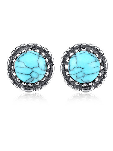 925 Sterling Silver With Turquoise Vintage Round Stud Earrings