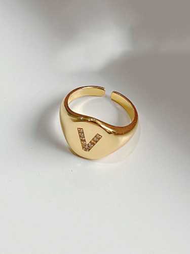 Anel de prata esterlina 925 minimalista strass letra V anel tamanho livre