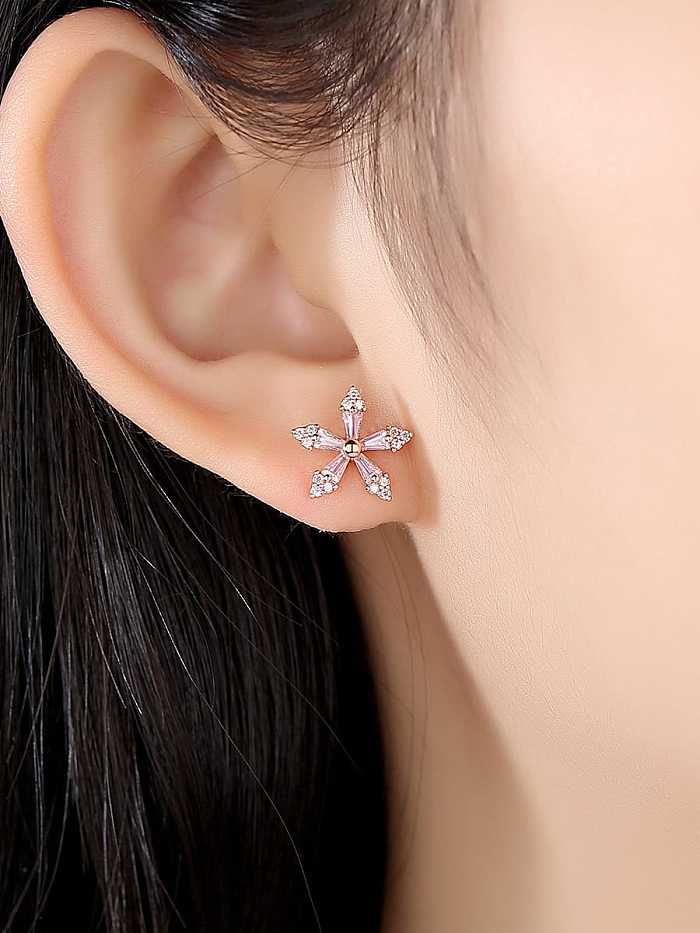 925 Sterling Silver Cubic Zirconia Pink Flower Minimalist Stud Earring