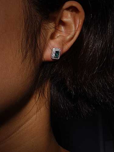 925 Sterling Silver Cubic Zirconia Green Rectangle Dainty Stud Earring