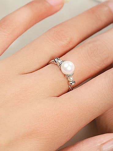 925 Sterling Silver Imitation Pearl Geometric Dainty Band Ring