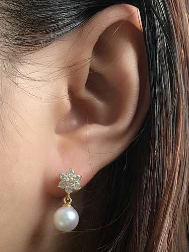 Boucle d'oreille pendante en argent sterling 925 avec perle d'imitation et fleur