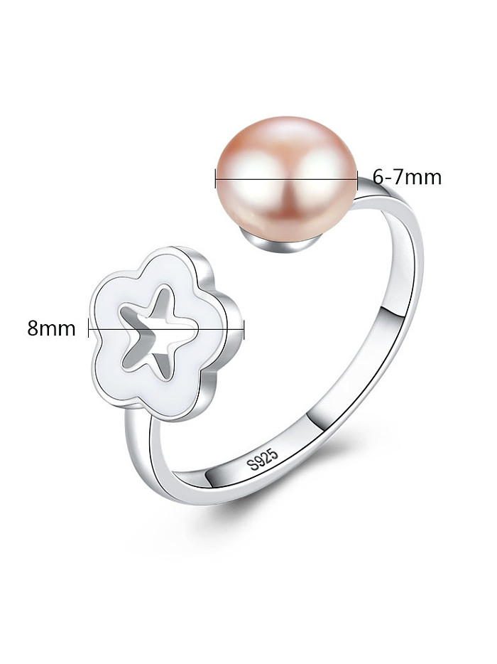 925 Sterling Silver With Artificial Pearl Simplistic Flower Free Size Rings