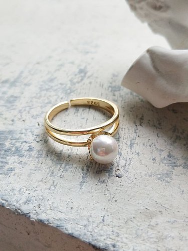 925 Sterling Silver Imitation Pearl Double Round Minimalist Free Size Ring