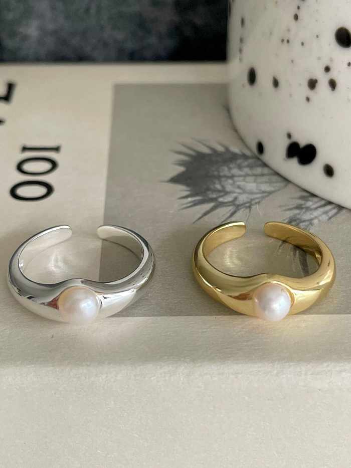 925 Sterling Silver Imitation Pearl Geometric Vintage Band Ring