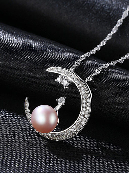 Pure silver with zircon pearl Moon Necklace