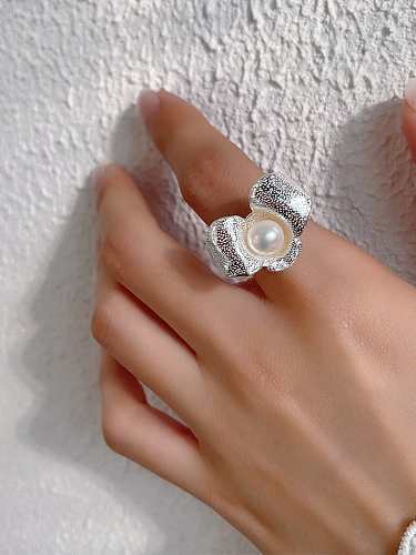 925 Sterling Silver Imitation Pearl Flower Vintage Band Ring