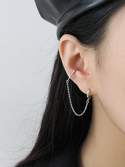 925 Sterling Silver With Glossy Personality Geometric Chain tassel Ear Clip Single
