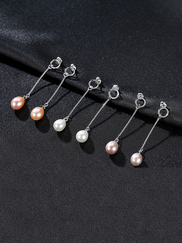 Boucles d'oreilles pendantes ovales simplistes en argent sterling 925 avec perle artificielle