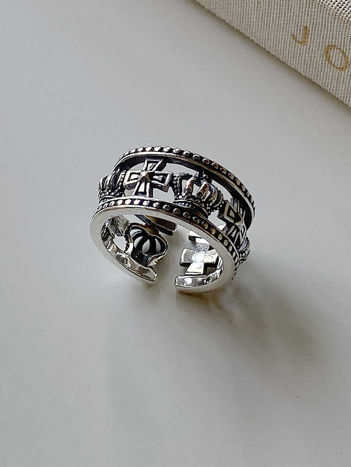 925 Sterling Silver Crown Cross Vintage Free Size Band Ring